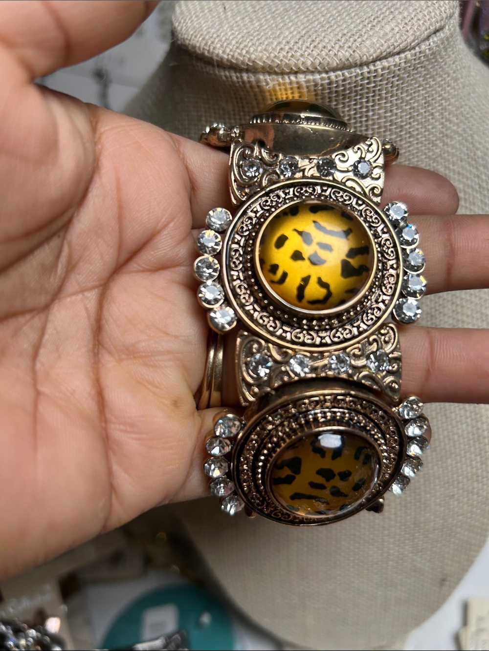 Gold-Tone Yellow Leopard Cabochon Statement Bracelet